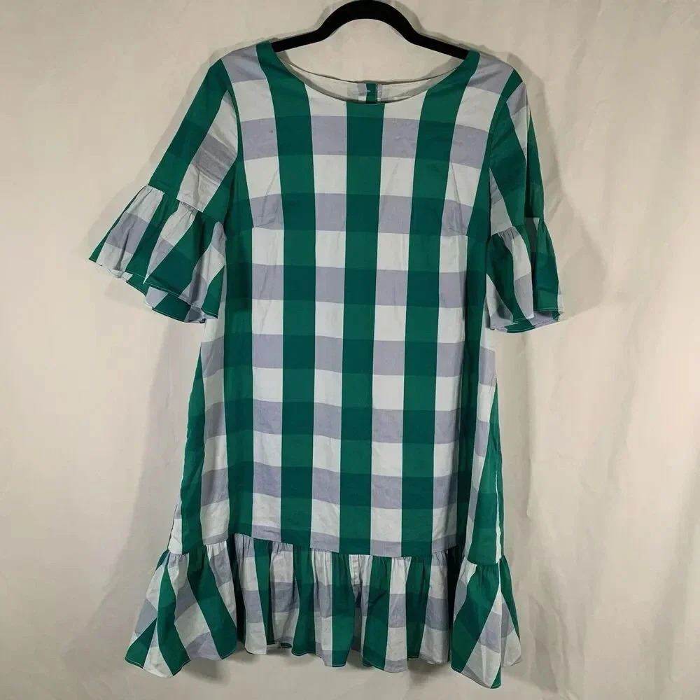 1901 Knee Length Dress Women's Small Green Blue Plaid Short Sleeve Ruffles